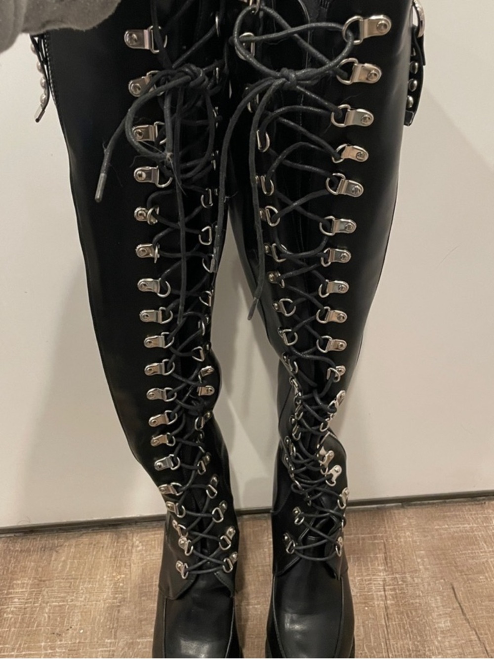 VINTAGE Black Over-the-Knee Platform Rock Lace-Up Boots with Silver Hardware